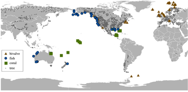 Crossdated marine chronologies. Locations of crossdated tree-ring chronologies available through the International Tree-Ring Data bank. Locations ofpublished marine sclerochronologies for which there was replication (generallyn.5) and at least some mention of visual cross-matching of patterns amongsamples. Note: chronology metadata are provided in electronic supplementary material, table S1. Figure from Black et al., 2019.